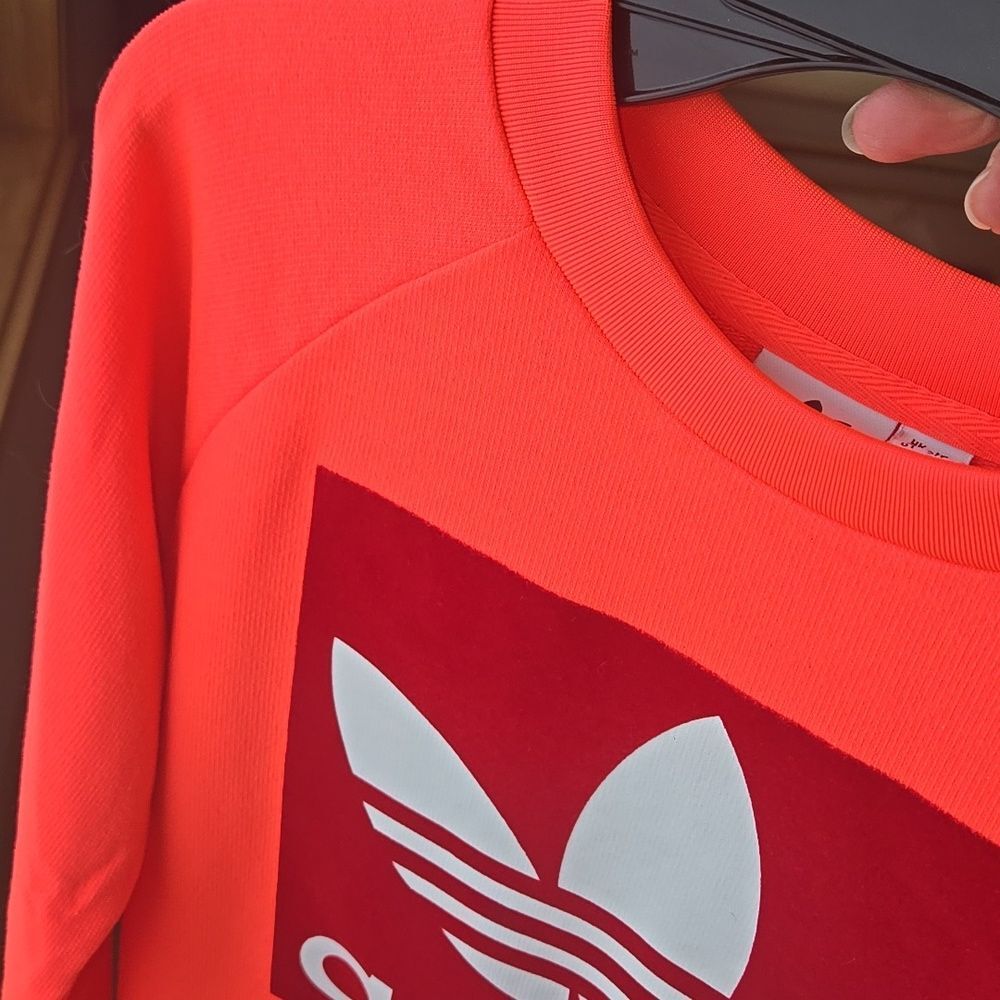 ADIDAS WOMENS TREFOIL CREW SWEATSHIRT FLARED sz S Neon And Red - Picture 12 of 16